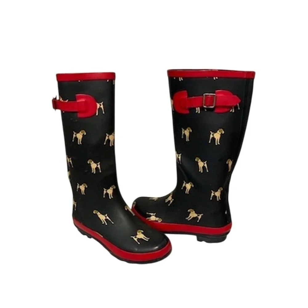 Henry Ferrera Women's navy Dog Print‎ Knee High Rain Boots Size 6 muck preppy